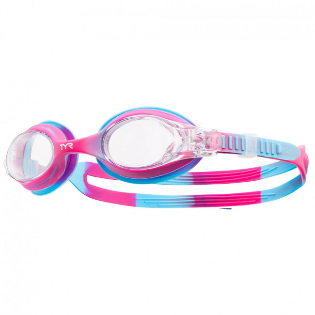 Очки для плавания дет. "TYR Swimple Tie Dye Jr", арт.LGSWTD-671, ПРОЗРАЧНЫЕ линзы, голубо-розовая опр. 