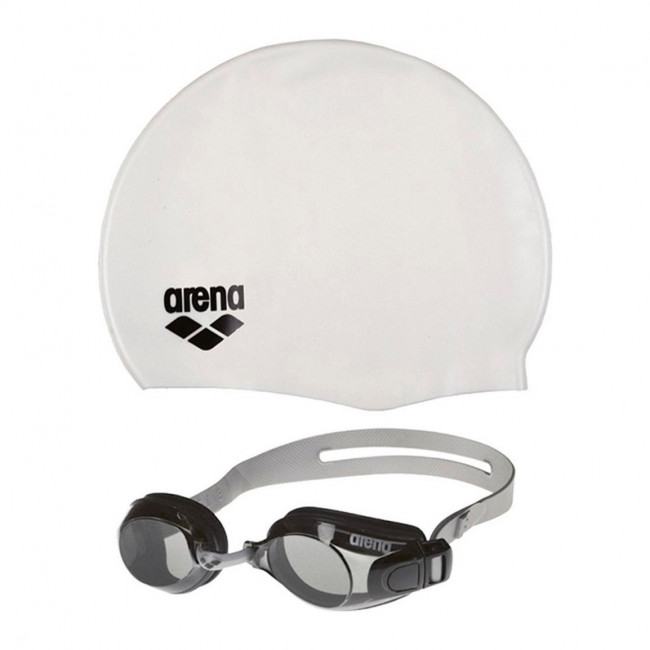 Набор для плав. "ARENA POOL SET" (ОЧКИ+ШАПОЧКА), арт.9242255, ДЫМЧАТЫЕ линзы, серебр.опр., бел.шапоч 