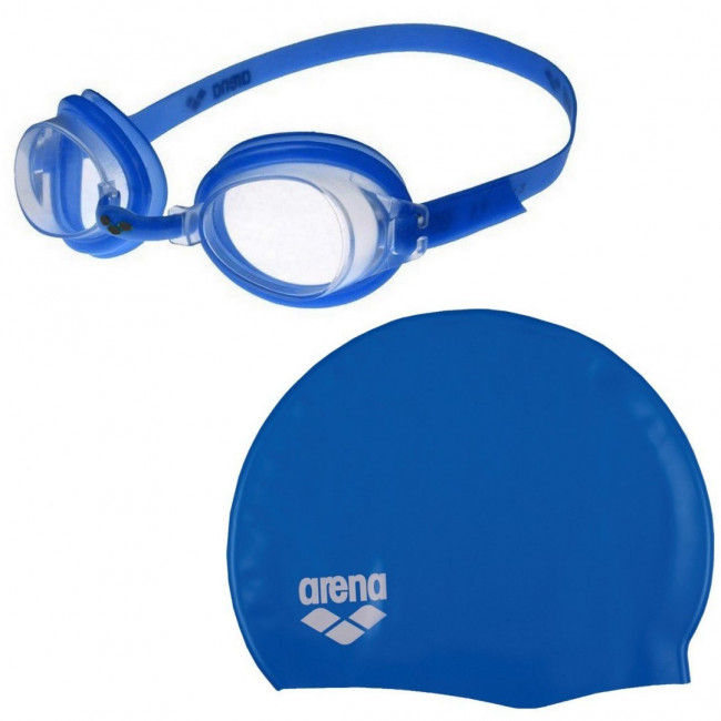 Набор для плав. дет. "ARENA POOL SET JR" (ОЧКИ+ШАПОЧКА), арт.9242370,ПРОЗРАЧНЫЕ линзы, синяя шапочка 