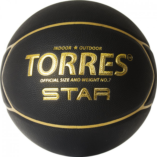 Мяч баскетбольный "TORRES Star" арт.B32317, р.7, 7 панел.,ПУ-композит, нейлон. корд, бут.кам., черно-золотой 