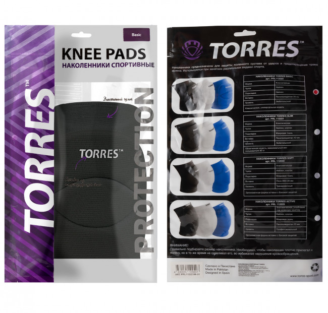 Наколенники спортивные TORRES Basic, PRL112220M-02, р.M, нейлон, ПУ, чёрный Наколенники спортивные TORRES Basic, PRL112220M-02, р.M, нейлон, ПУ, чёрный