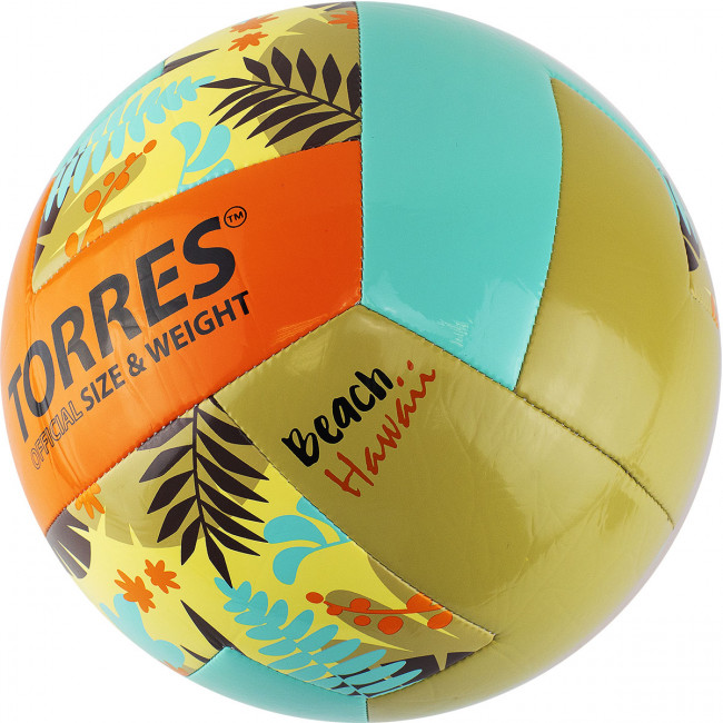 Мяч волейбольный пляжный "TORRES Hawaii" арт.V32075B, р.5, синт.кожа (ТПУ), маш. сш, бут.кам, бирюзово-оранже 