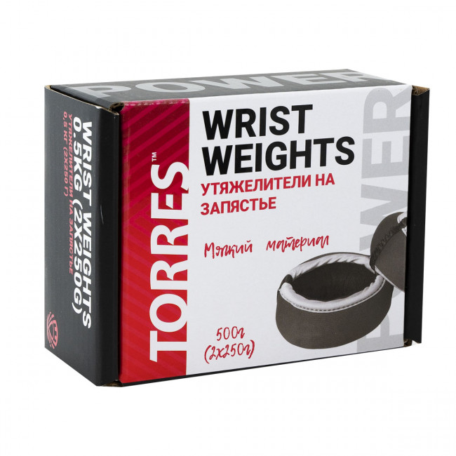 Утяжелители на запястье "TORRES 0,5 кг" арт.PL607605, (2штх250г), нейлон, металл. песок, красн-сер. 