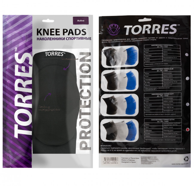 Наколенники спортивные TORRES Active, PRL112223M-02, р.M, нейлон, ПУ, чёрный 