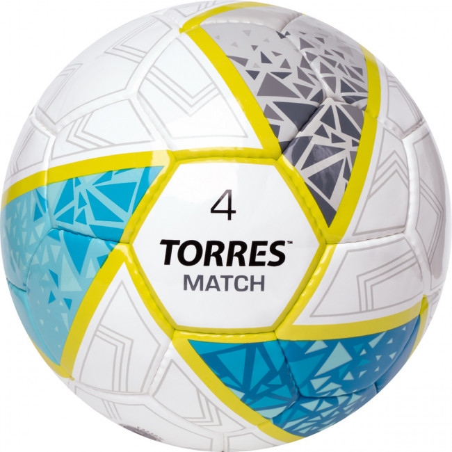 Мяч футбольный TORRES Match, F323974,р.4, 32 пан. ПУ, 4 под. слоя, ручн. сшивка, бело-серо-голубой 