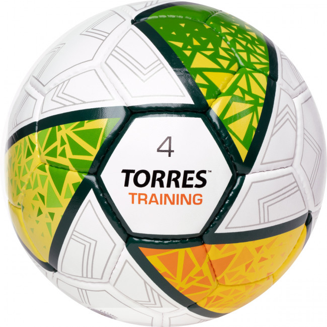 Мяч футбольный TORRES Training, F323954,р.4, 32 панели. ПУ, 4 под. слоя, ручная сшивка, бело-зел-сер 