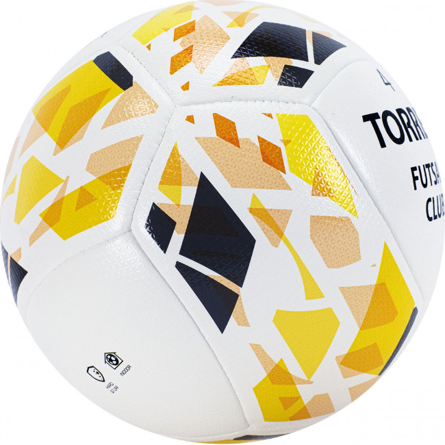 Мяч футзальный "TORRES Futsal Club", арт.FS32084, р.4, 10 пан. PU, 4 под. сл, гибрид. сш. бело-зол-чер 