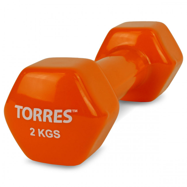 Гантель TORRES 2кг, PL522204, металл в виниловой оболочке, форма шестигранник, оранжевый 