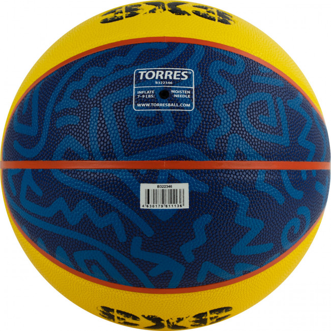 Мяч баскетбольный TORRES 3х3 Outdoor, B322346 р. 6, 8 панелей, ПУ,бут.кам,нейл.корд,жёлто-синий 